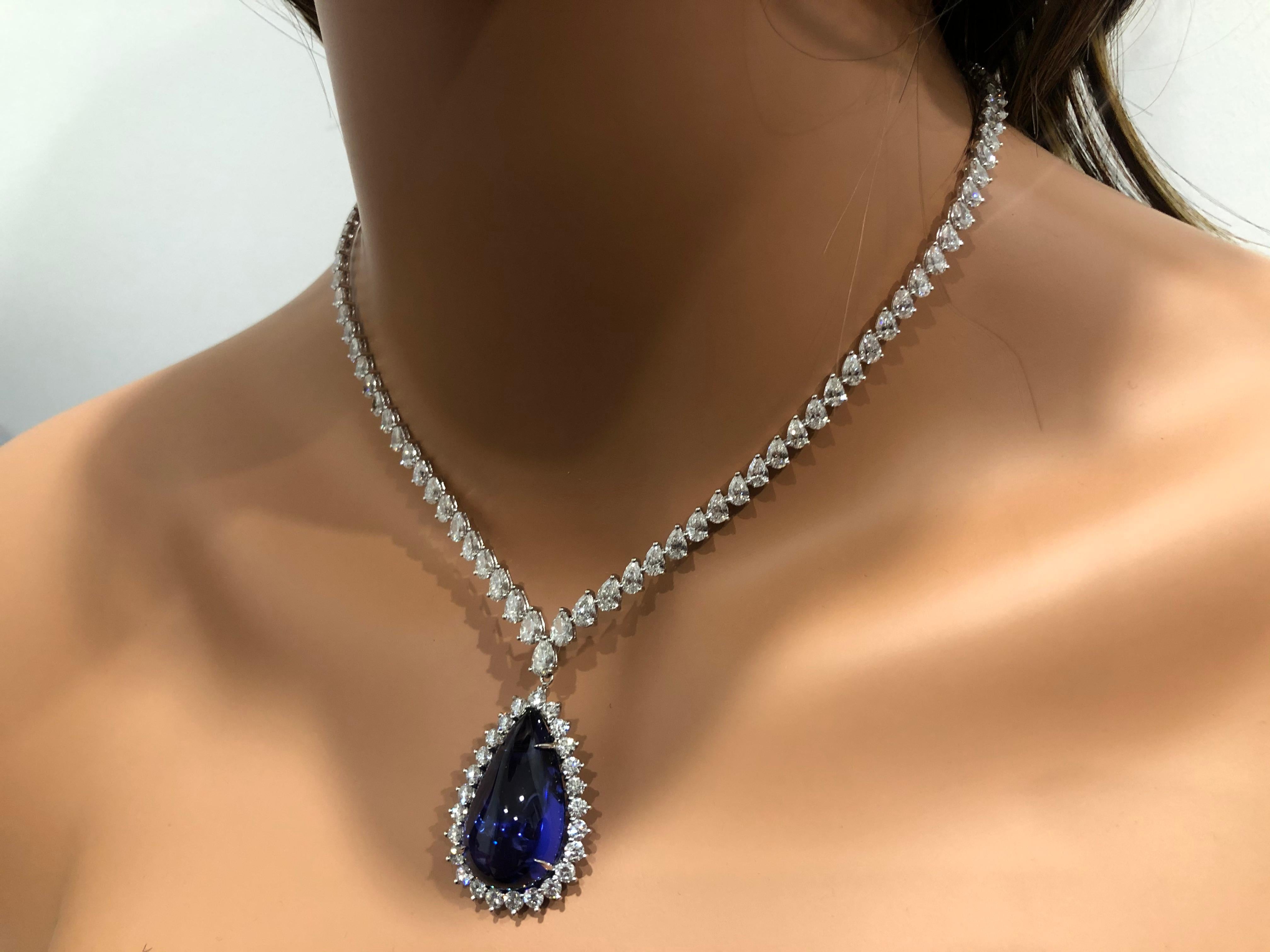 Women's 40.91 Carat Flawless Blue Pear Shape Tanzanite Diamond Pendant Necklace