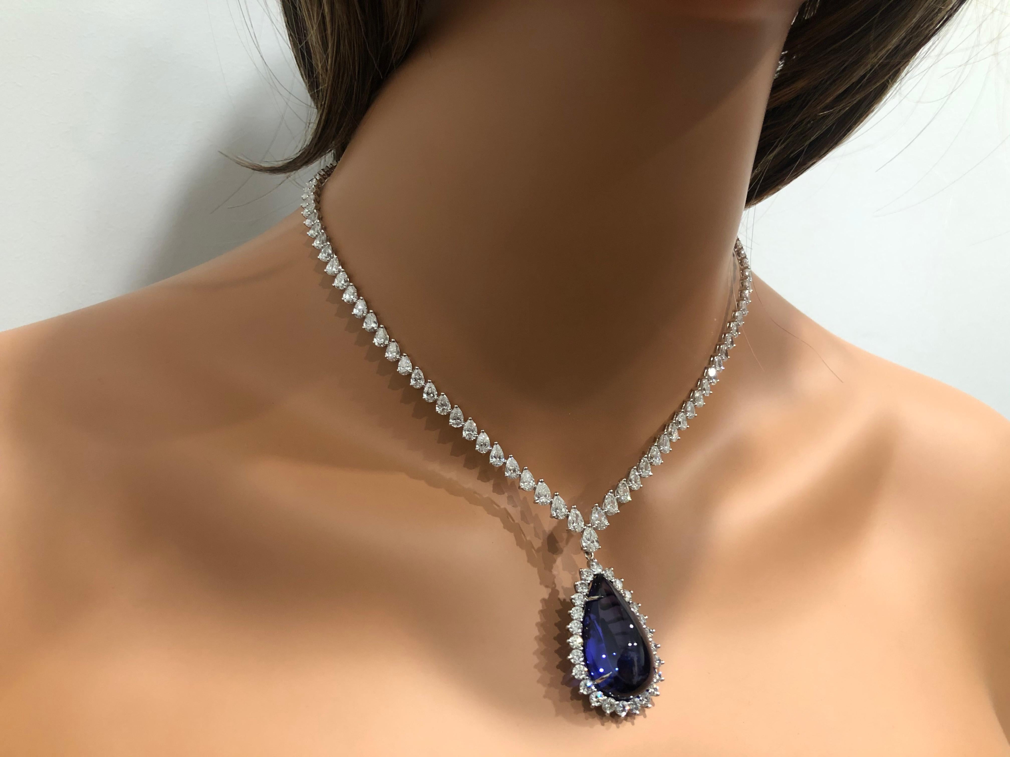 40.91 Carat Flawless Blue Pear Shape Tanzanite Diamond Pendant Necklace 1