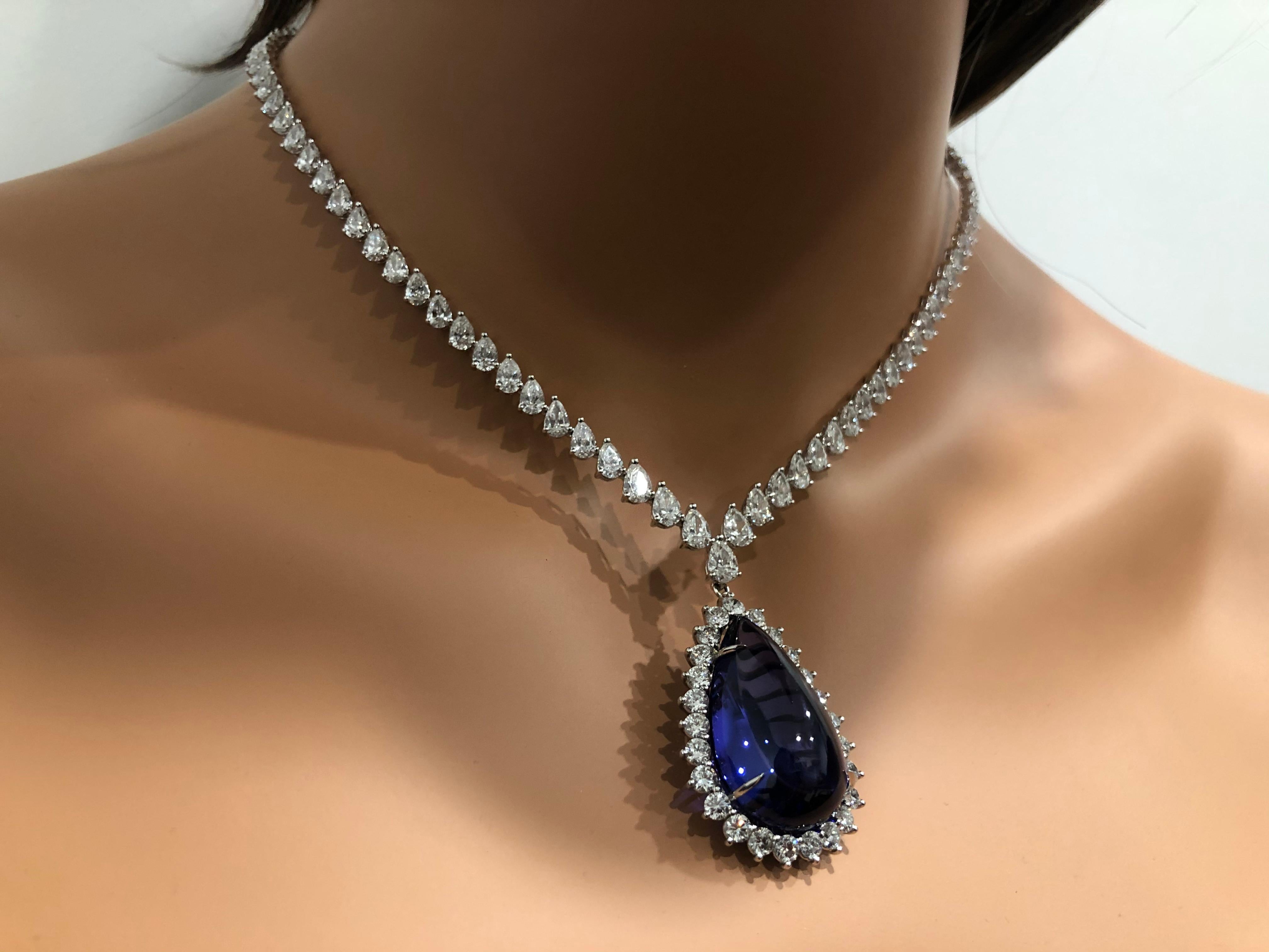 40.91 Carat Flawless Blue Pear Shape Tanzanite Diamond Pendant Necklace 2