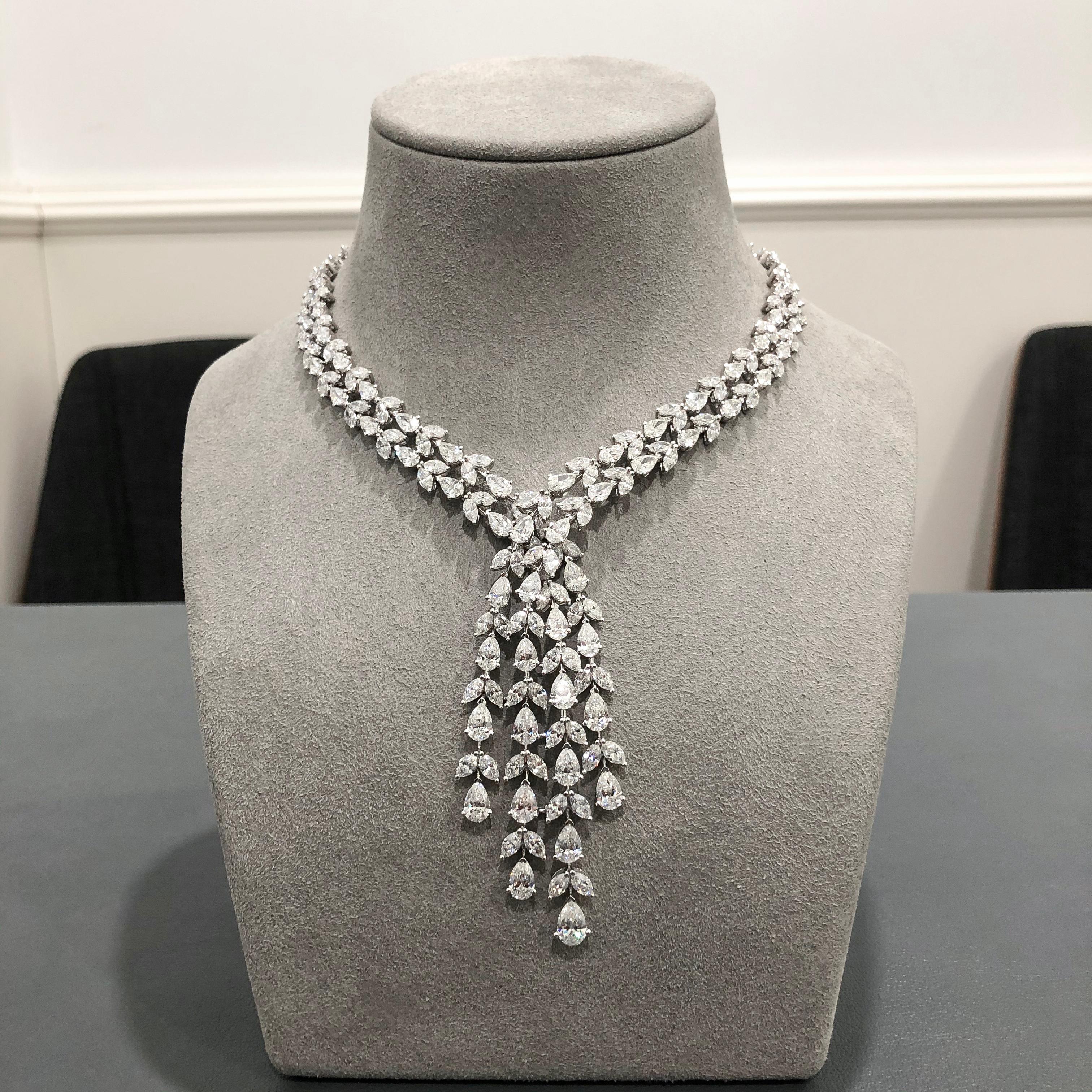 Roman Malakov, 40.94 Carat Pear and Marquise Cut Diamond Drop Necklace In New Condition In New York, NY