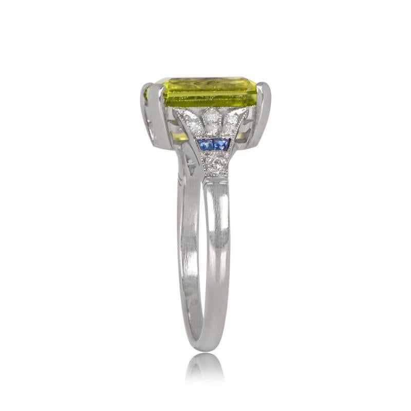 4.09ct Emerald Cut Natural Peridot Cocktail Ring, Platinum In Excellent Condition For Sale In New York, NY