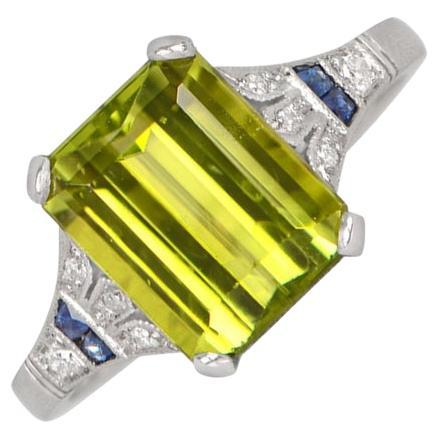4.09ct Emerald Cut Natural Peridot Cocktail Ring, Platinum For Sale
