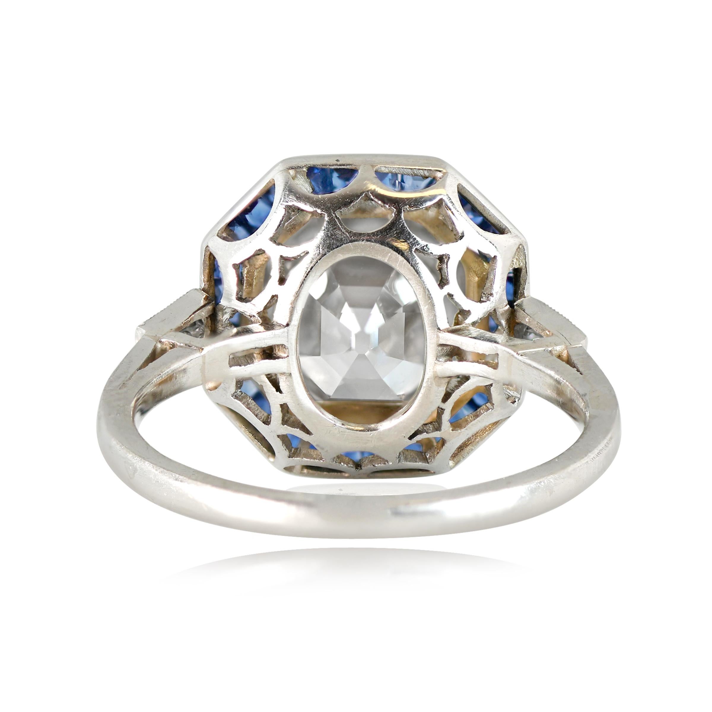 Art Deco 4.09ct GIA Asscher Cut Diamond Engagement Ring, Sapphire Halo, G Color, and VS1 For Sale