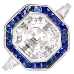 Bague de fiançailles en diamant taille Asscher de 4,09 carats certifié GIA, halo de saphirs de couleur G et VS1