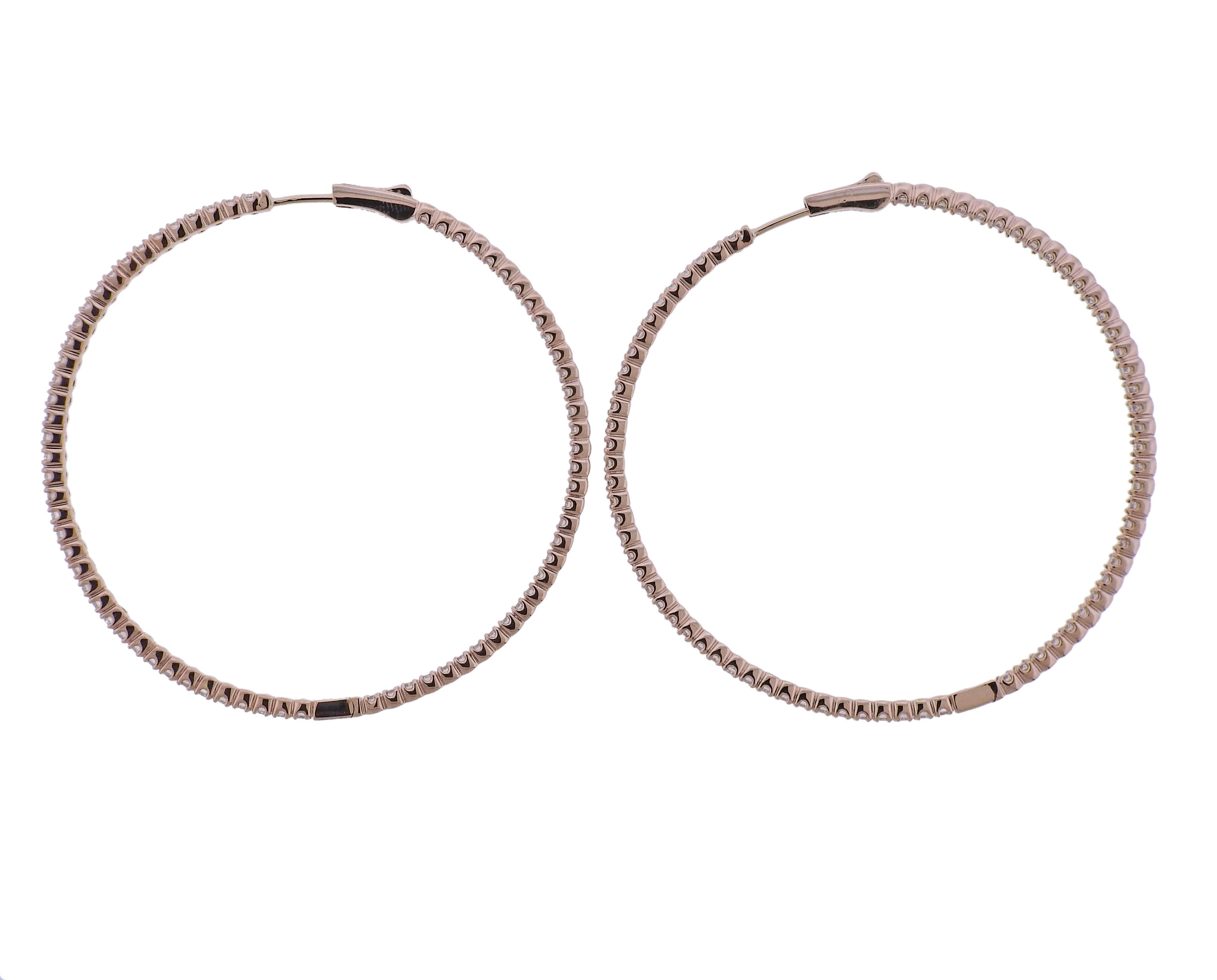 Round Cut 4.09ctw Diamond Rose Gold Hoop Earrings For Sale