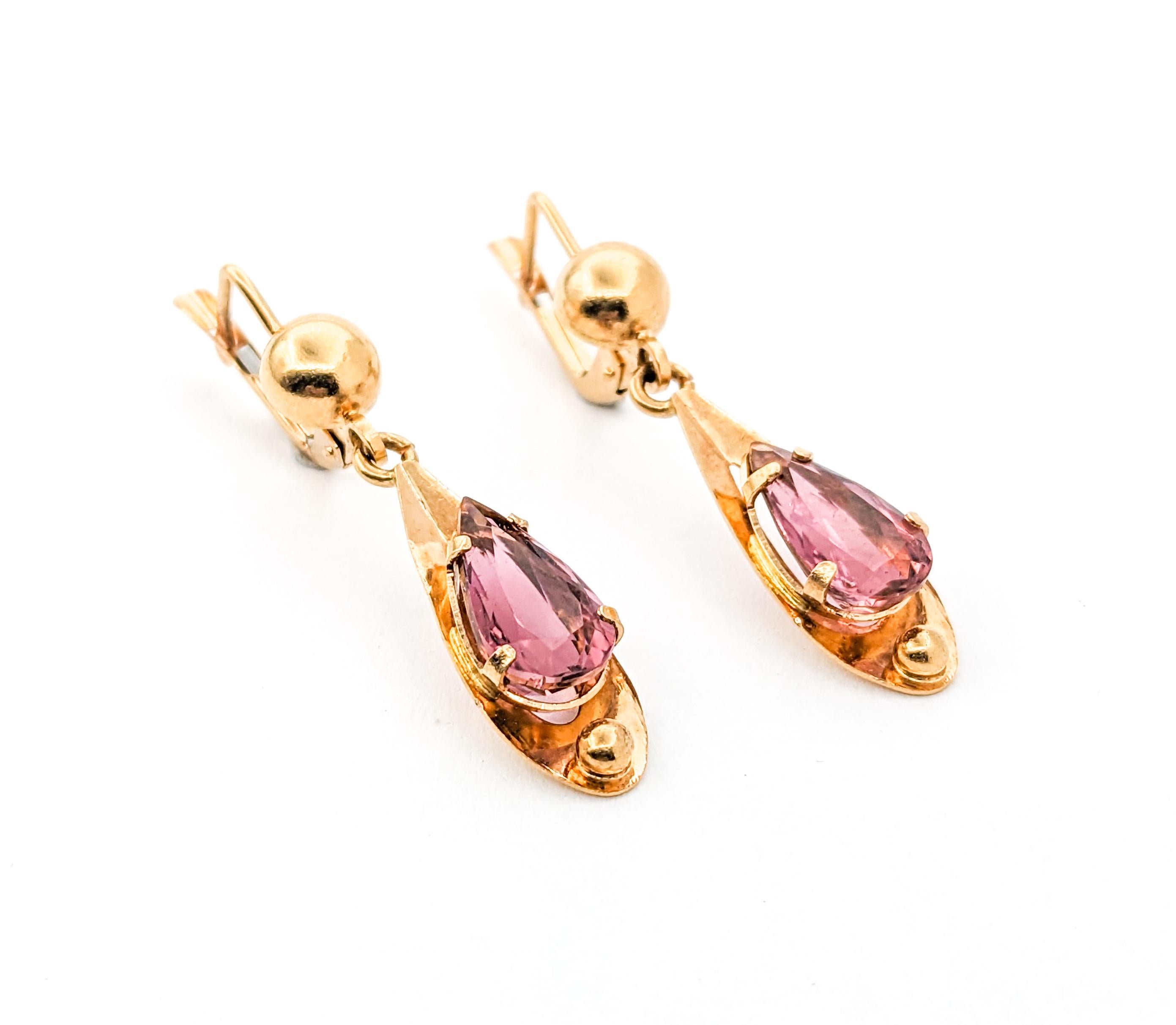 4.09ctw Pink Tourmaline Vintage Dangle Earrings In Yellow Gold For Sale 4
