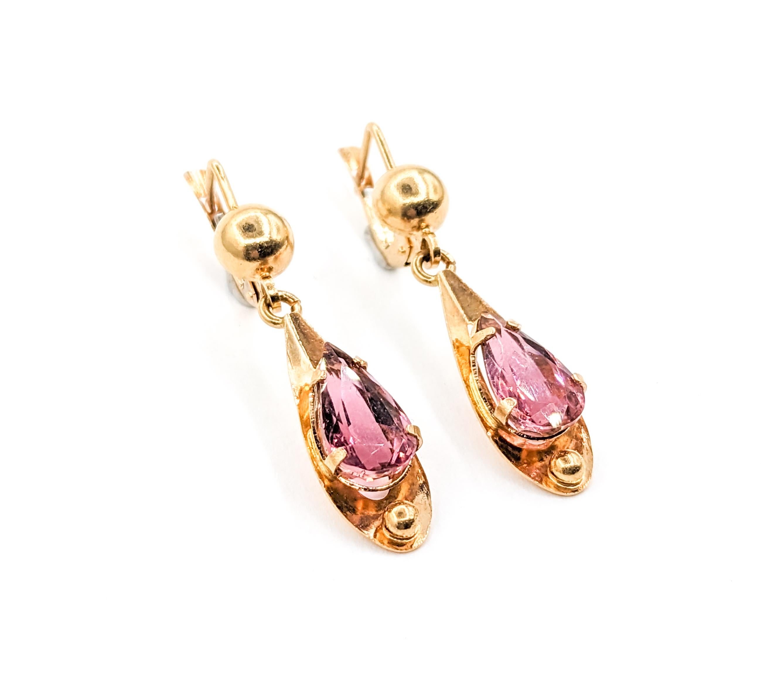 Modern 4.09ctw Pink Tourmaline Vintage Dangle Earrings In Yellow Gold For Sale
