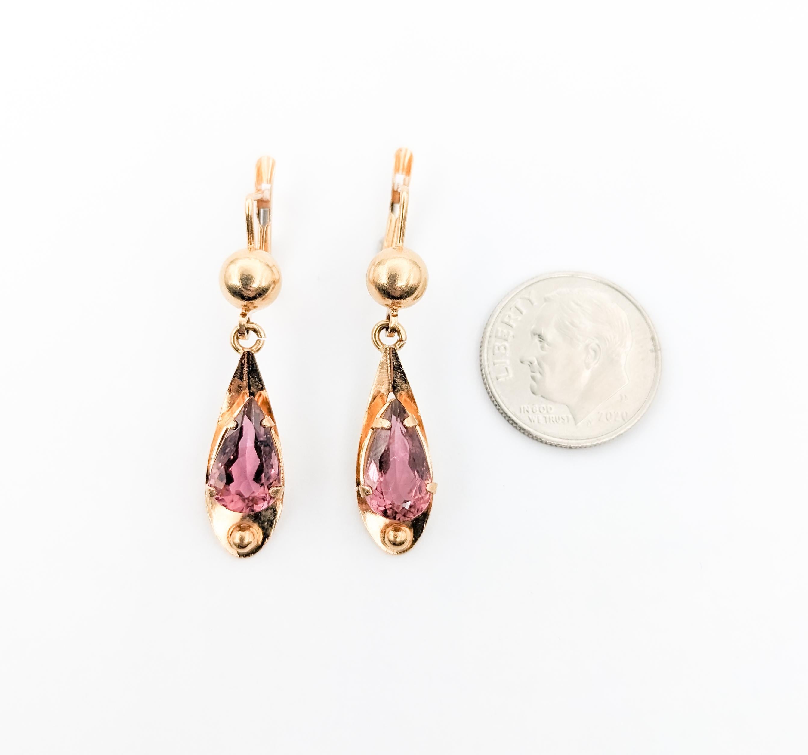Pear Cut 4.09ctw Pink Tourmaline Vintage Dangle Earrings In Yellow Gold For Sale