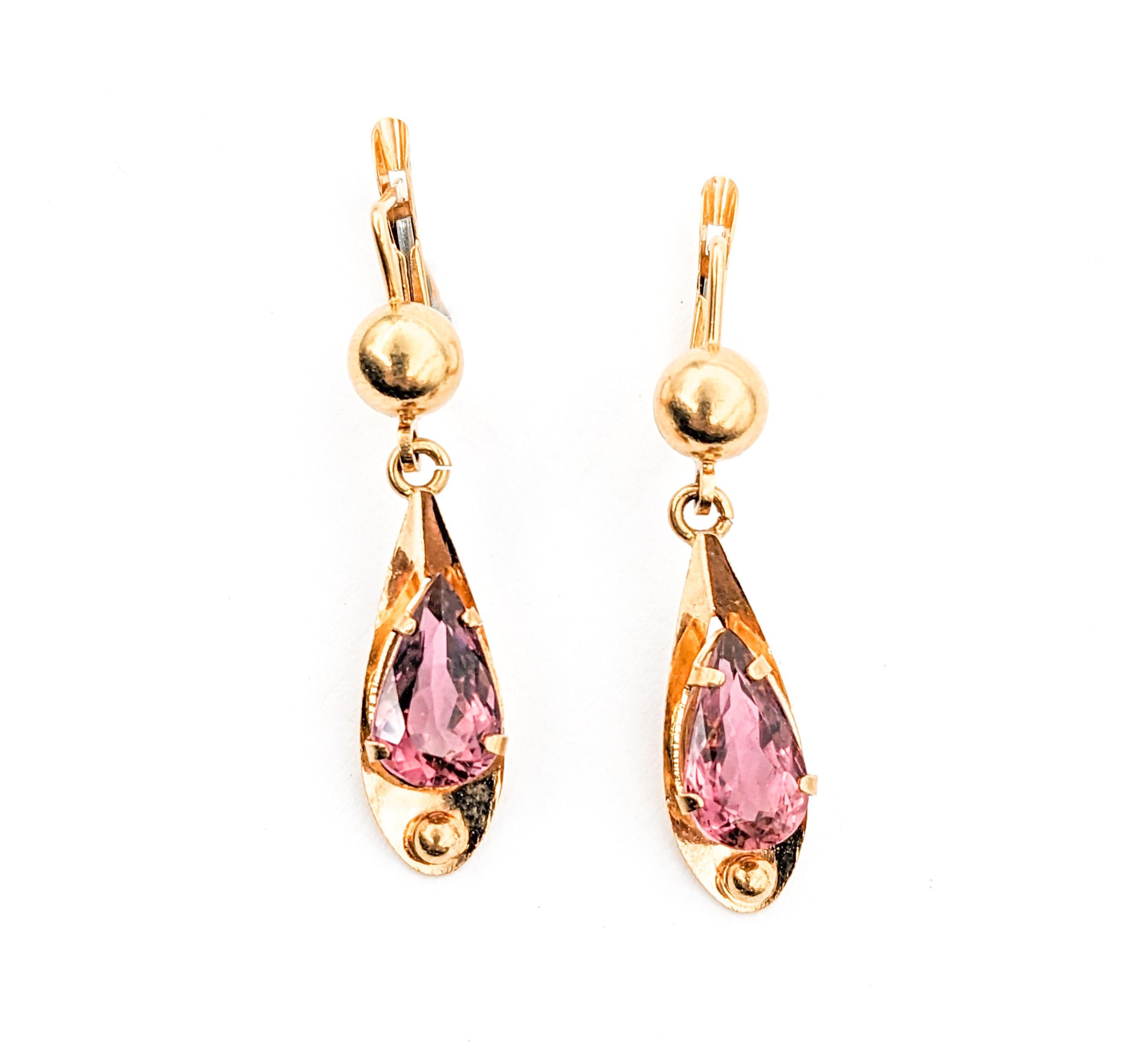 4.09ctw Pink Tourmaline Vintage Dangle Earrings In Yellow Gold For Sale 2