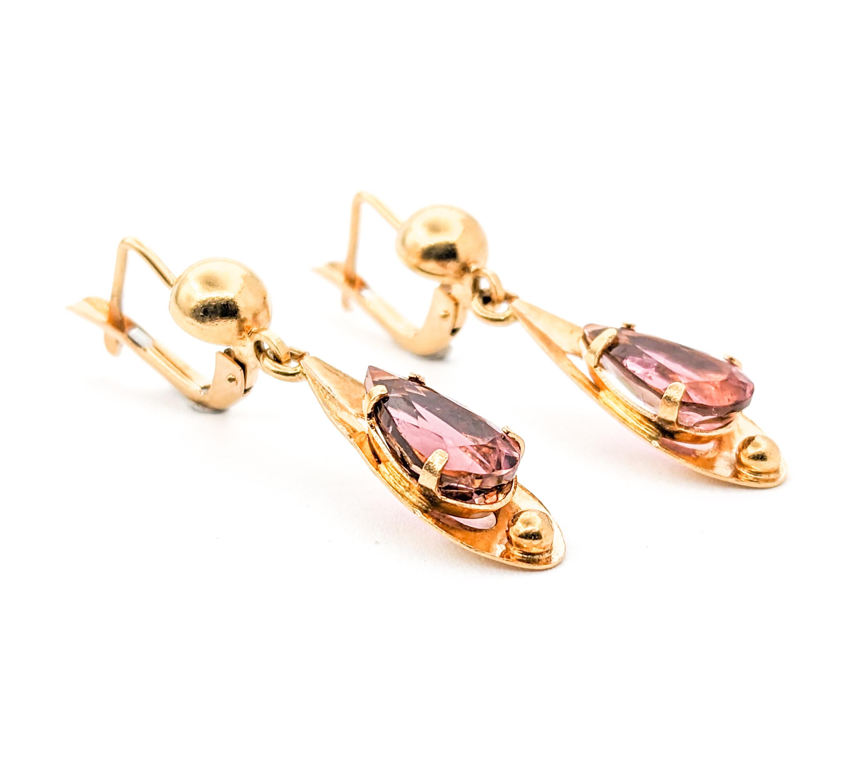 4.09ctw Pink Tourmaline Vintage Dangle Earrings In Yellow Gold For Sale 3