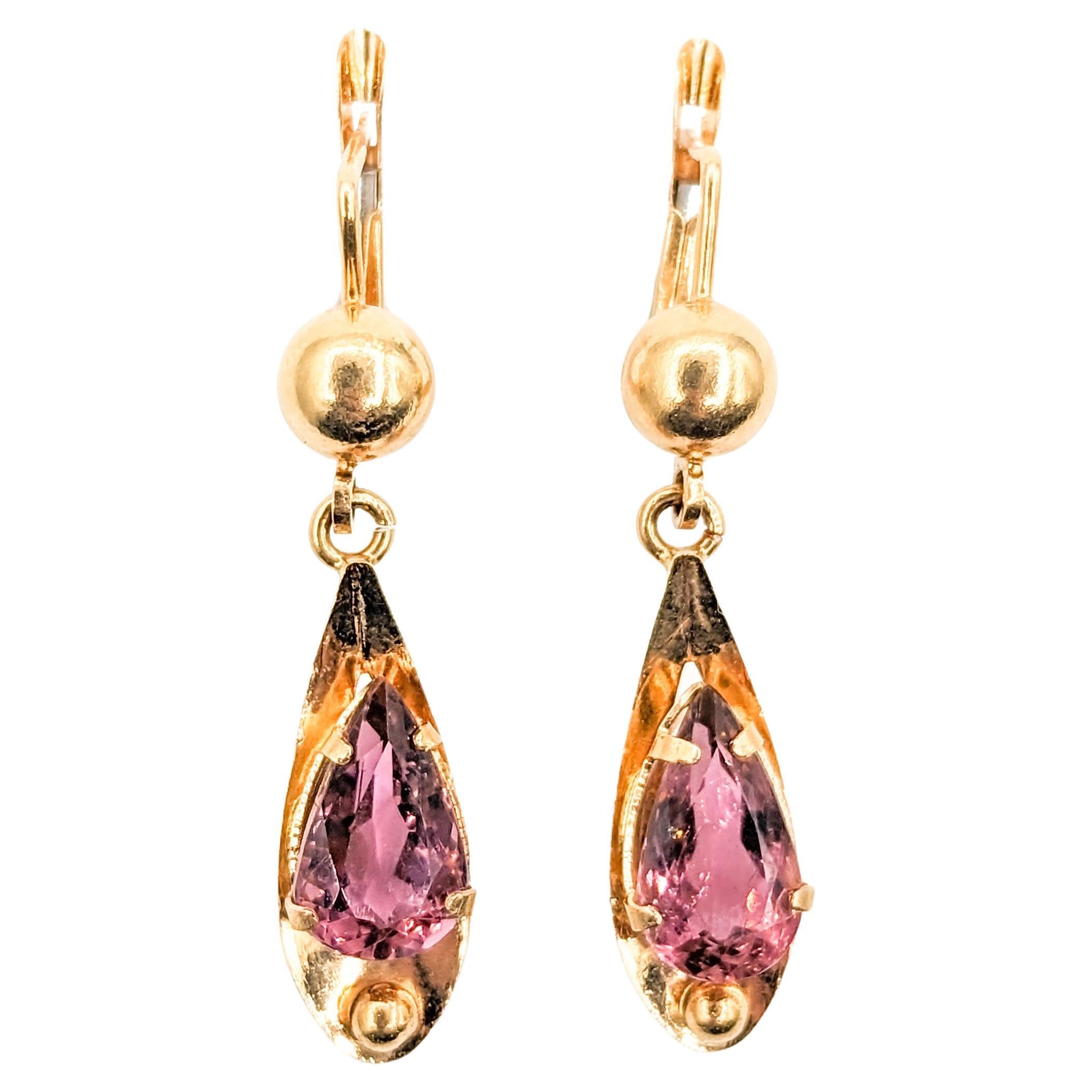 4.09ctw Pink Tourmaline Vintage Dangle Earrings In Yellow Gold For Sale