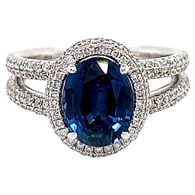 4.0 Total carat Sapphire and Diamond Halo Pave-Set Ladies Ring For Sale