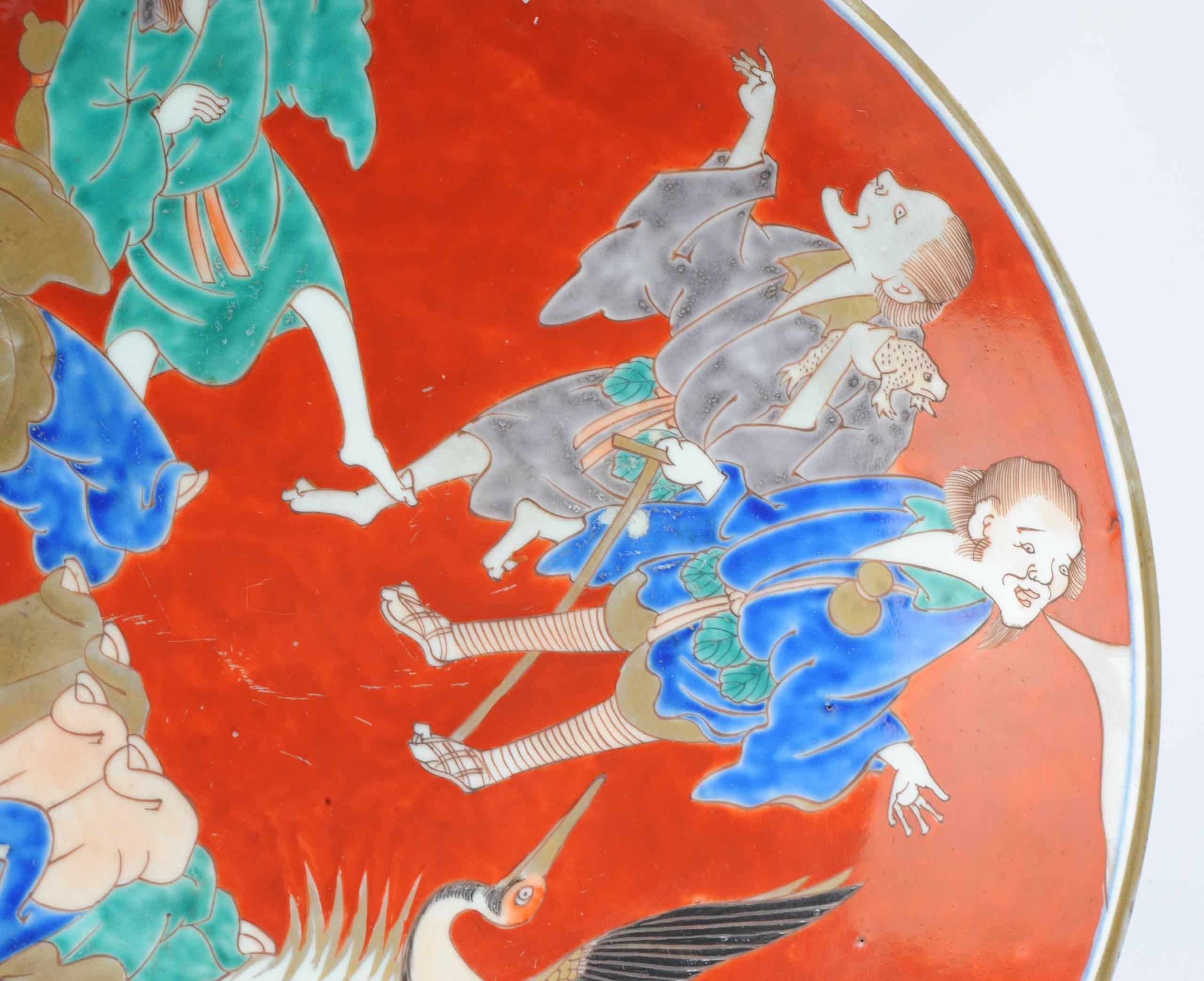 40CM Antike japanische 19. c Arita Imari Charger 8 Unsterblichen und Crane Marked (Porzellan) im Angebot
