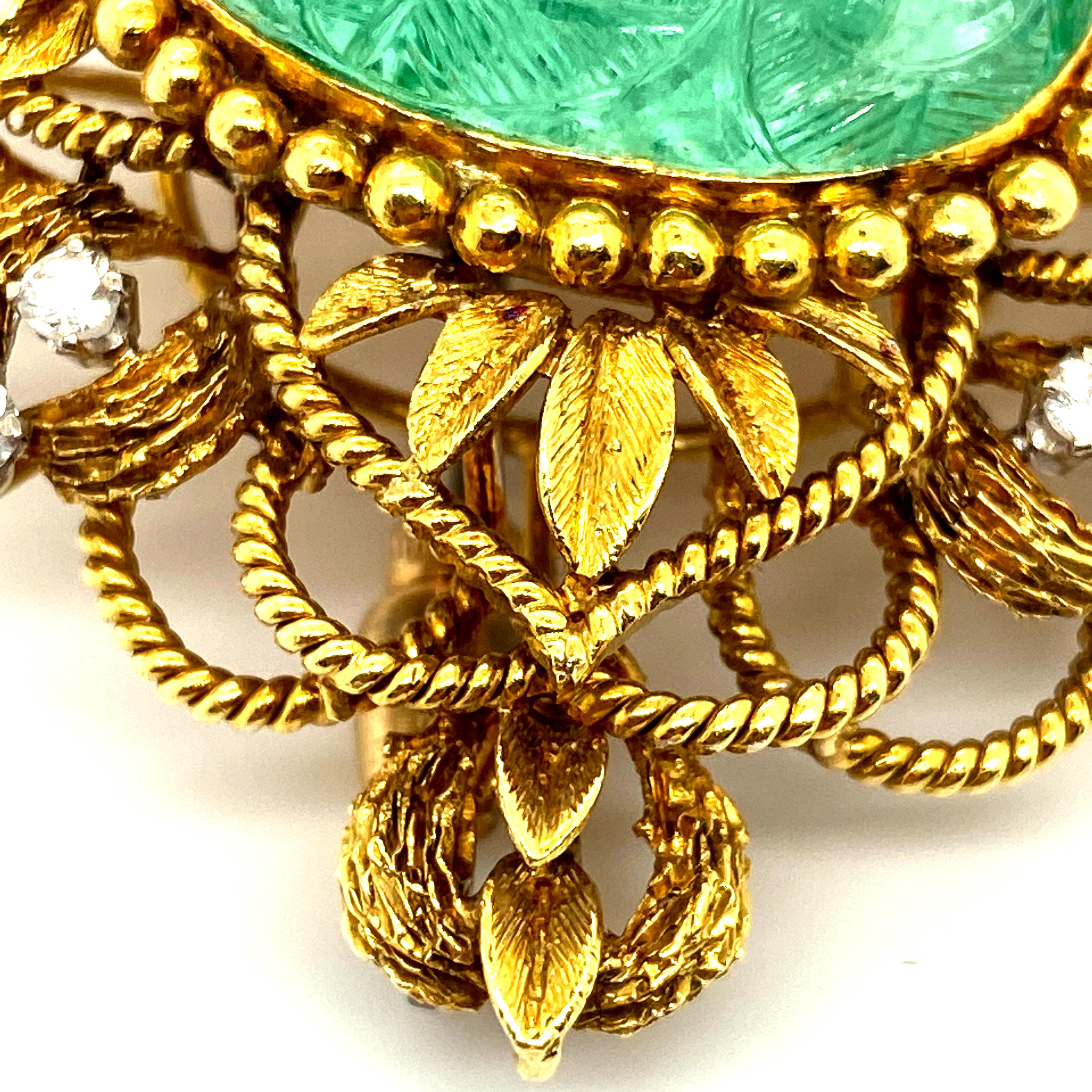 40ct Carved 'Moghul-Style' Emerald, Textured Gold, and Diamond Pendant or Brooch In Good Condition For Sale In Dallas, TX