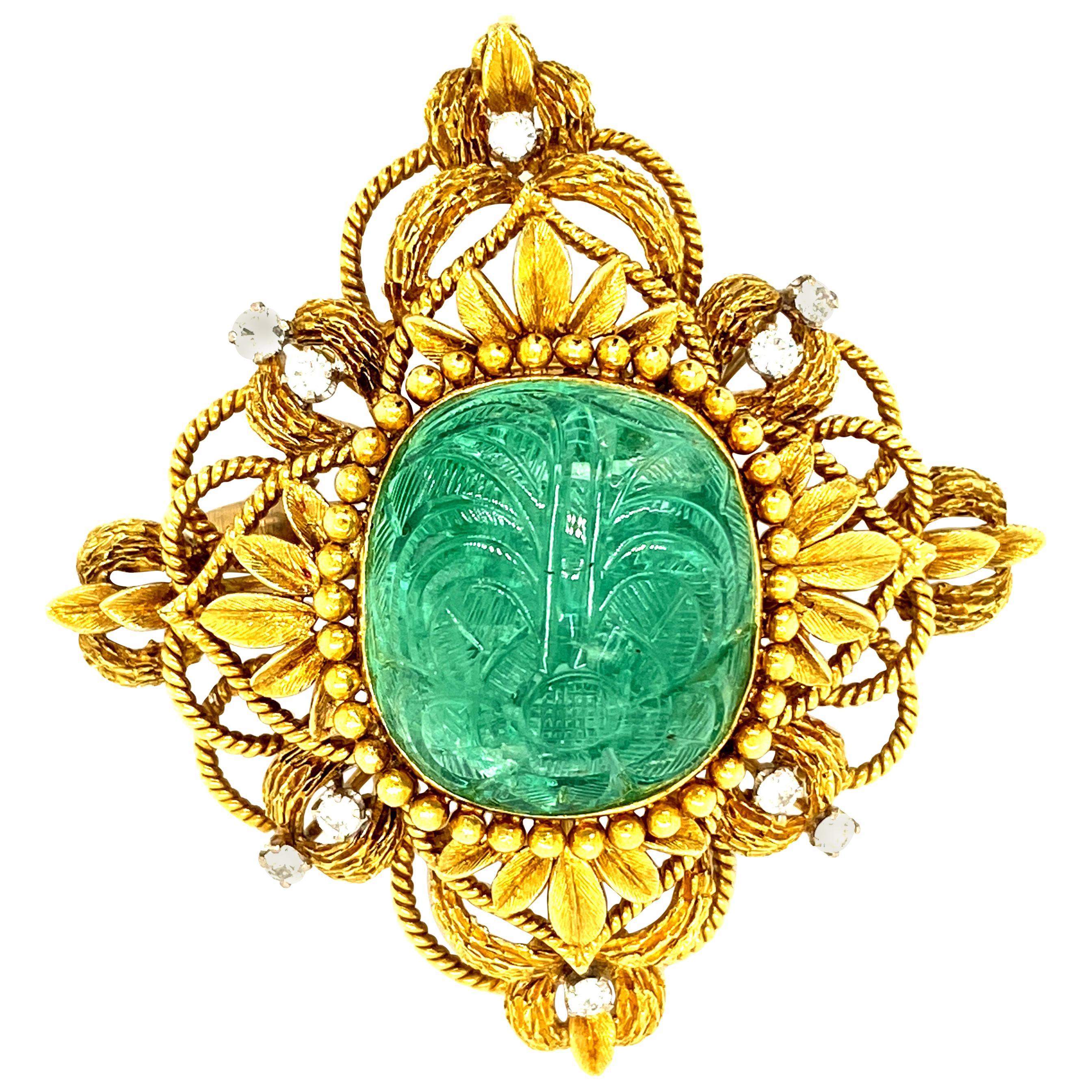 40ct Carved 'Moghul-Style' Emerald, Textured Gold, and Diamond Pendant or Brooch For Sale