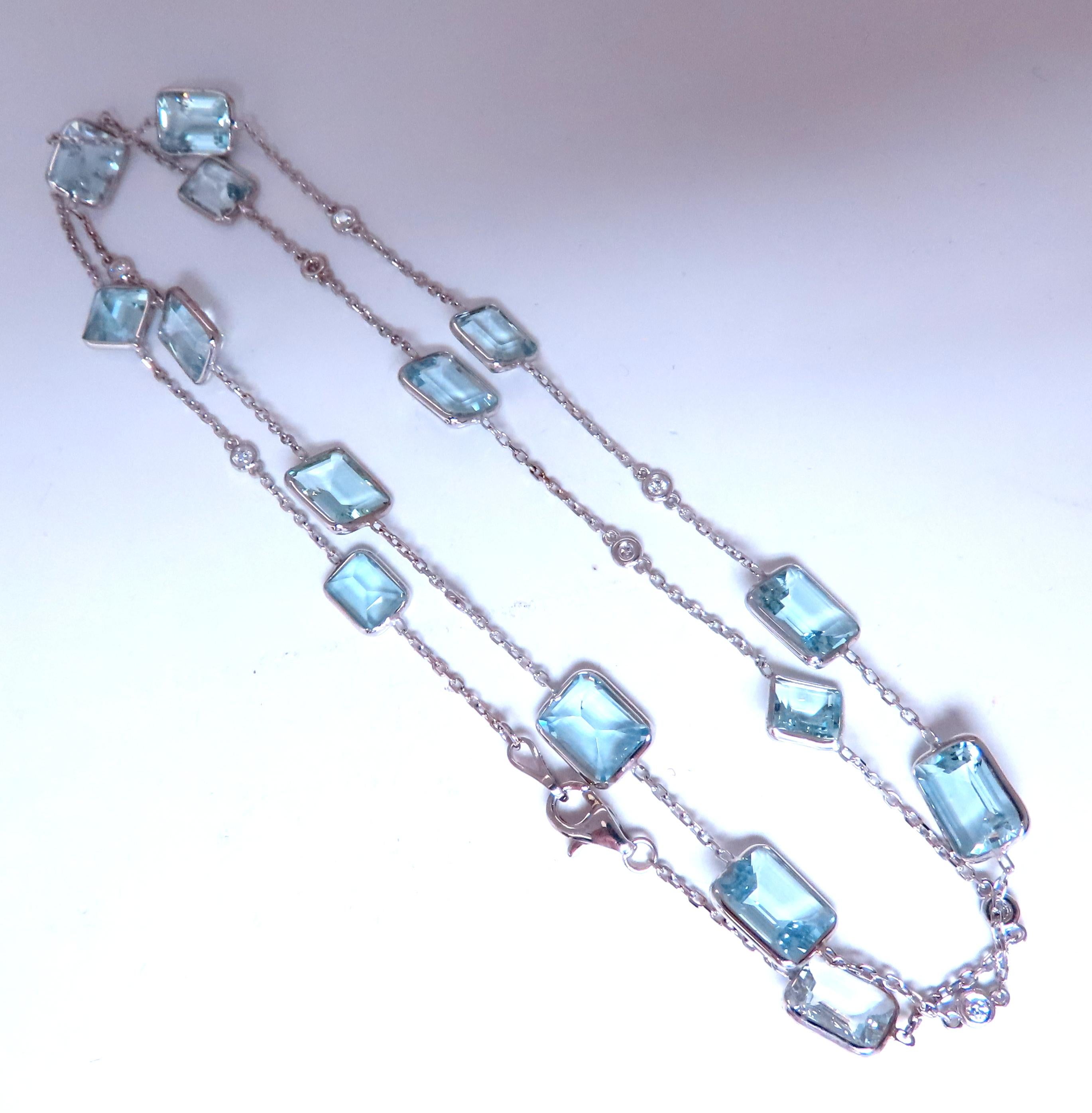 Collier de 15 aigues-marines naturelles en forme de verge 
Aigue-marine Gamme : 8 x 6-6 x 5mm 
Clarté propre - Transparent
0,30 ct de diamants naturels  g-couleur vs-2 clarté 
22 pouces de long 
Or blanc 14kt 10 grammes 
7 000,00 $ d'évaluation à