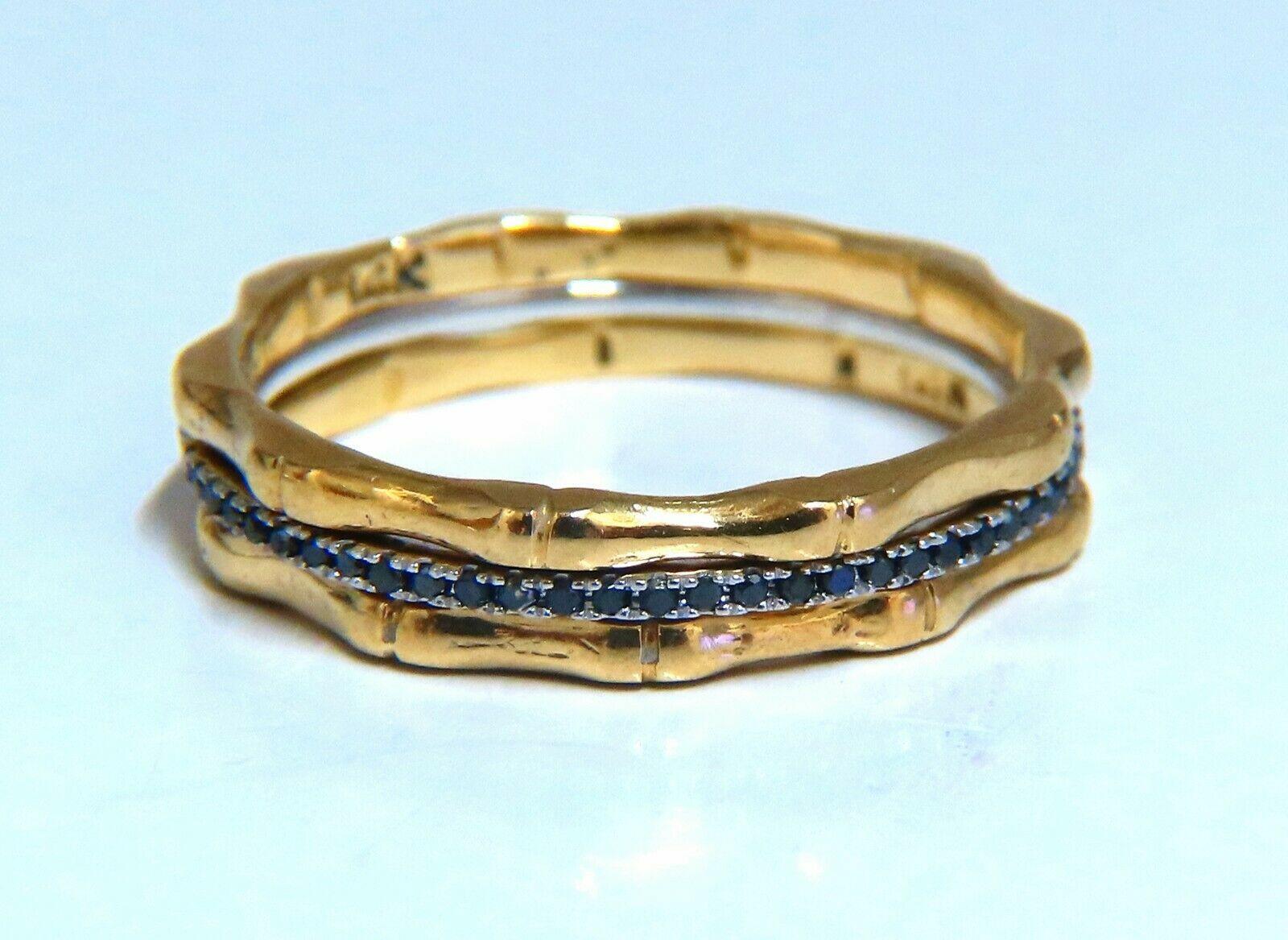 Round Cut .40ct Natural Black Diamonds & Bamboo Deco Bands Stacking Rings 14kt For Sale