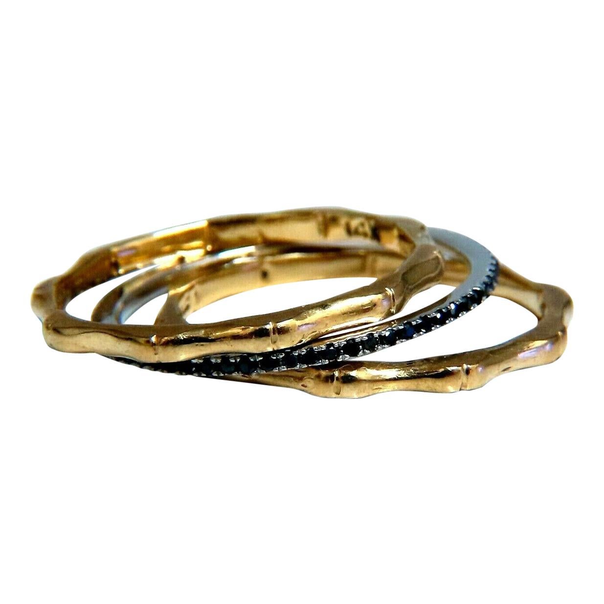 .40ct Natural Black Diamonds & Bamboo Deco Bands Stacking Rings 14kt