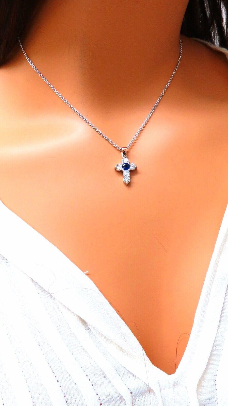 .40ct Natural Blue Sapphire Diamond Cross Necklace 14kt In New Condition For Sale In New York, NY