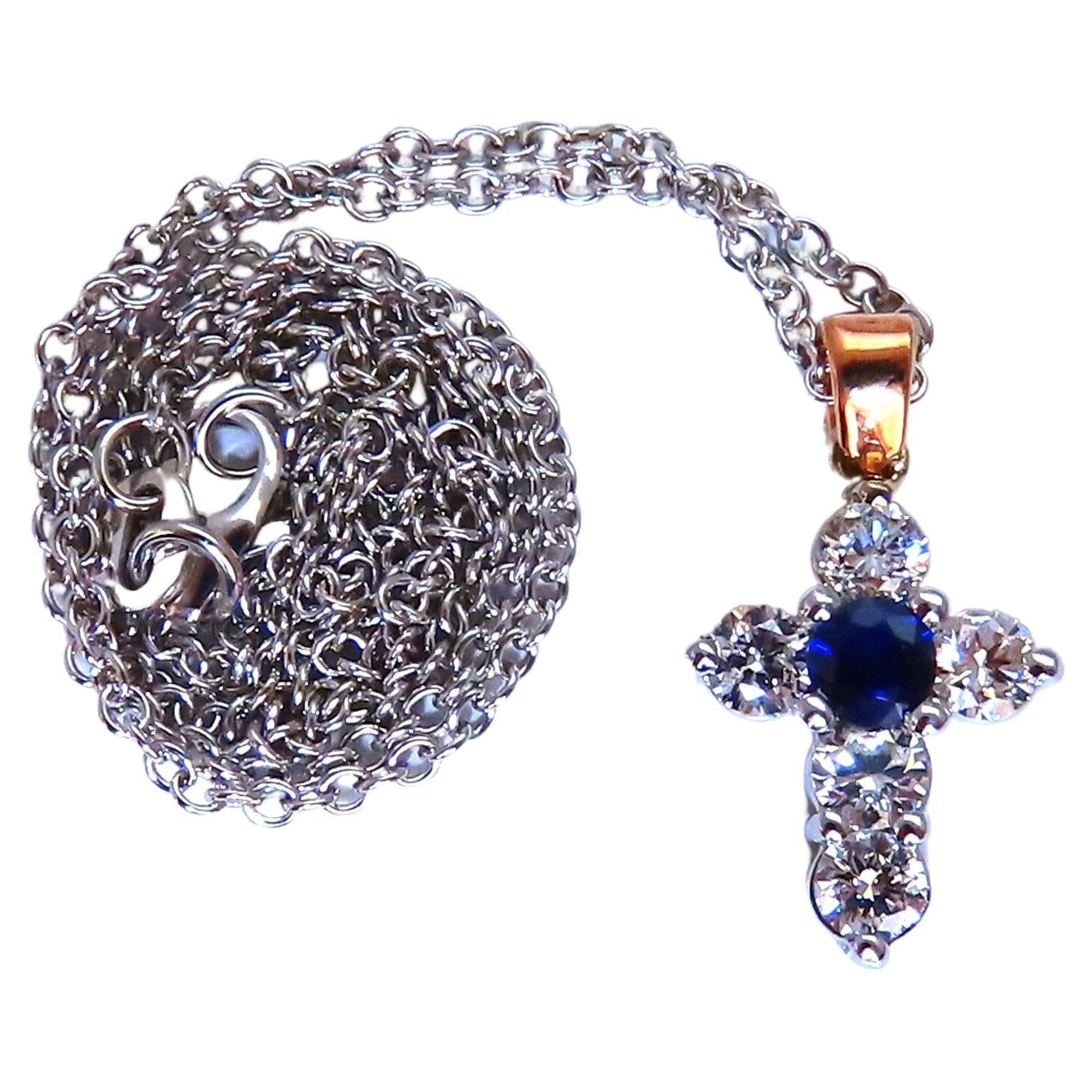 .40ct Natural Blue Sapphire Diamond Cross Necklace 14kt For Sale