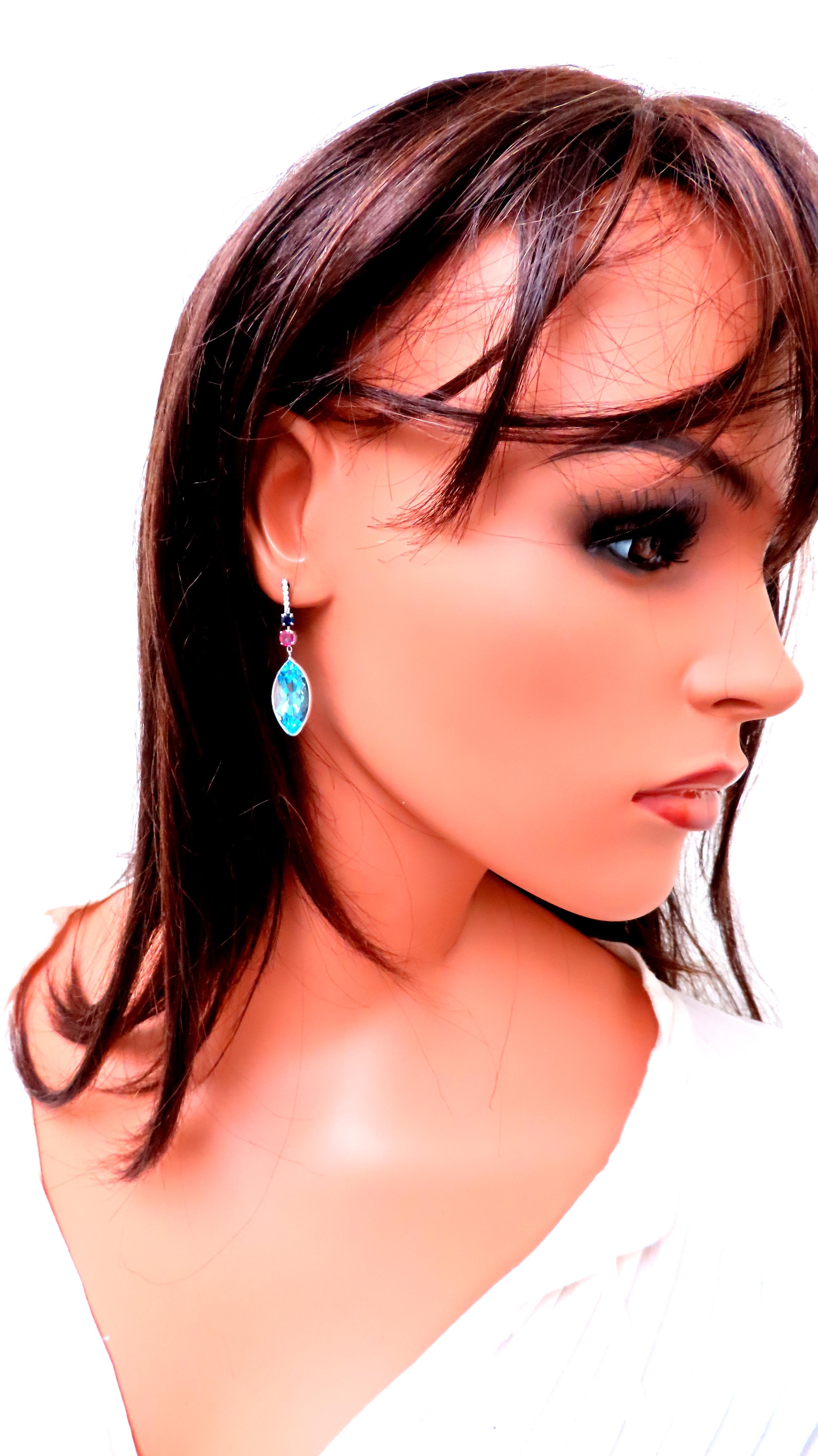 Pendientes Colgantes Topacio Azul Natural 40ct 14kt 12502 Corte marquesa en venta