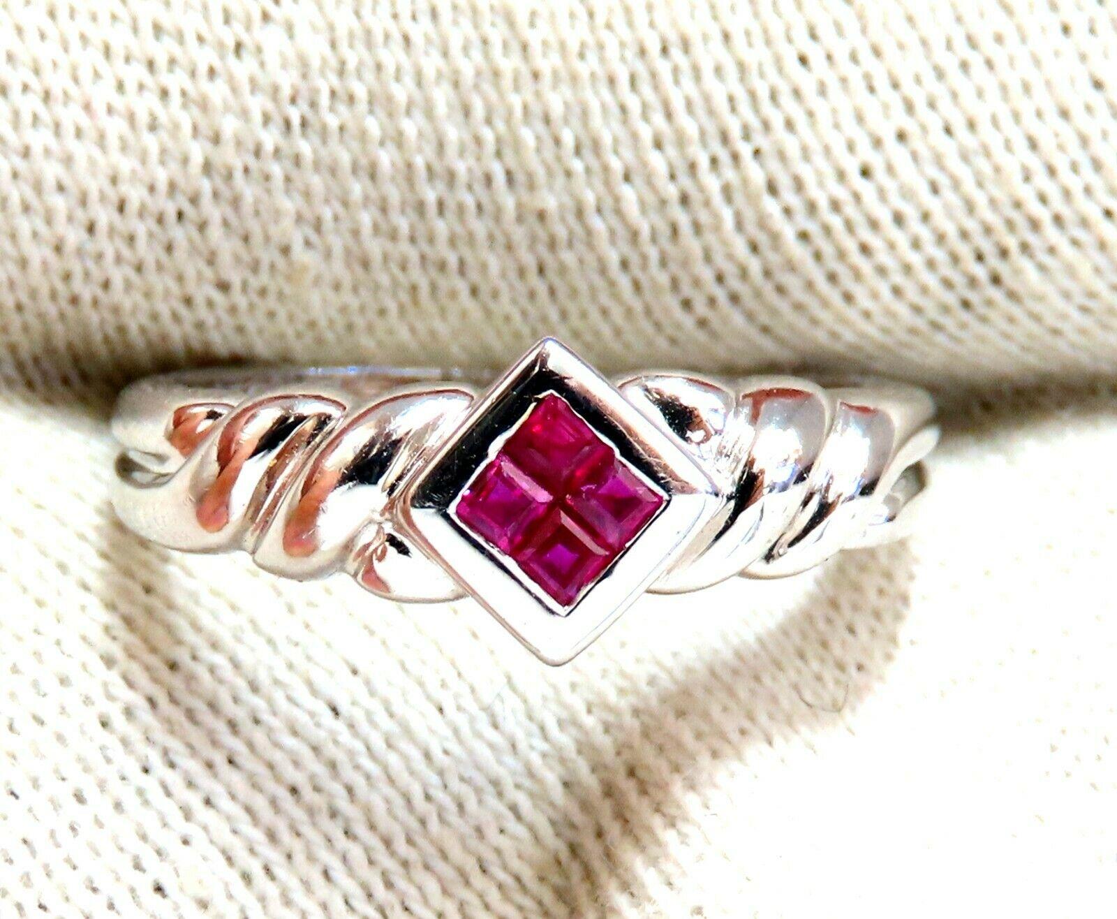Braid Twist Shoulders & Invisible Set Squared

.40ct. Natural Rubies Ring

Full cut and brilliant

Clean clarity and transparent

14ky white gold

Durable for the everyday wear

2.9 grams

Current size: 7 & we may resize,

Please inquire