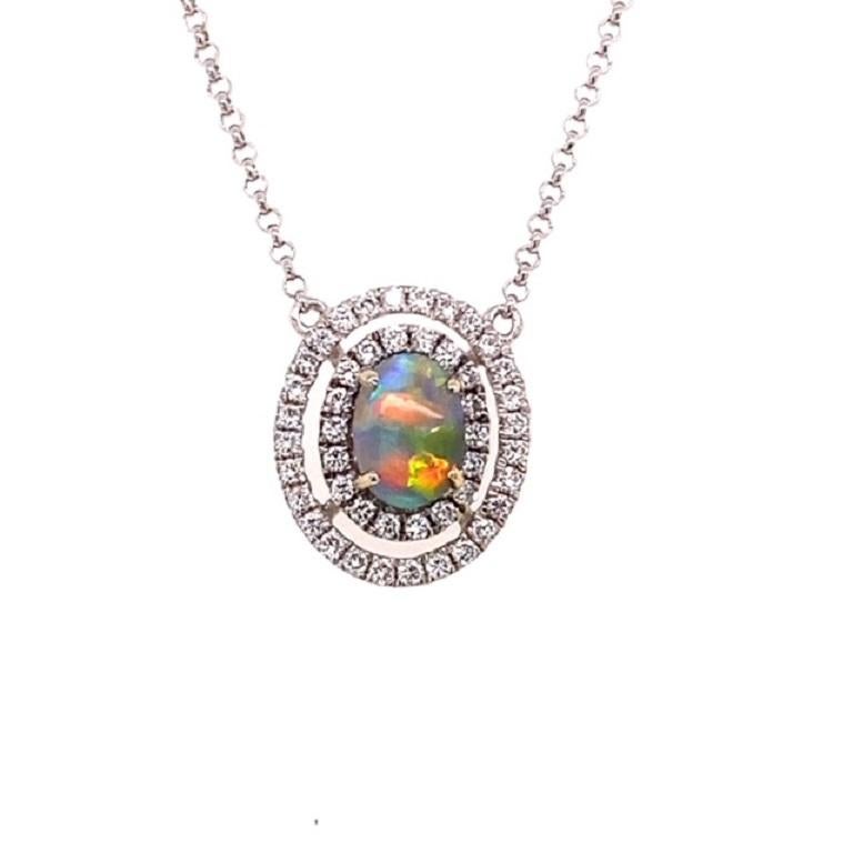 .40ctw Australian Opal with .33ctw Diamond Double Halo Pendant, 18k White Gold In New Condition In Houston, TX