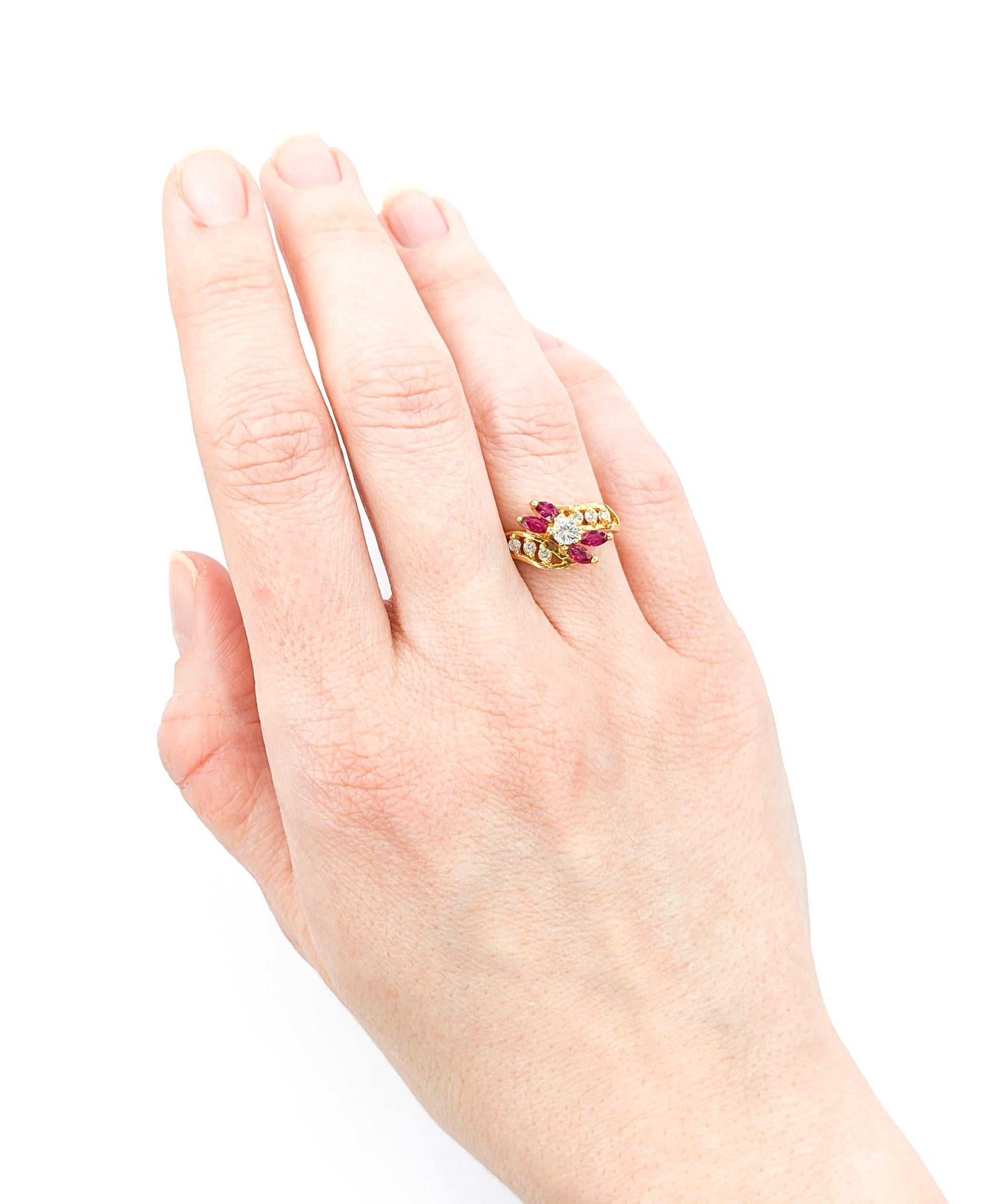Contemporary .40ctw Rubies & Diamonds Ring In Yellow Gold For Sale