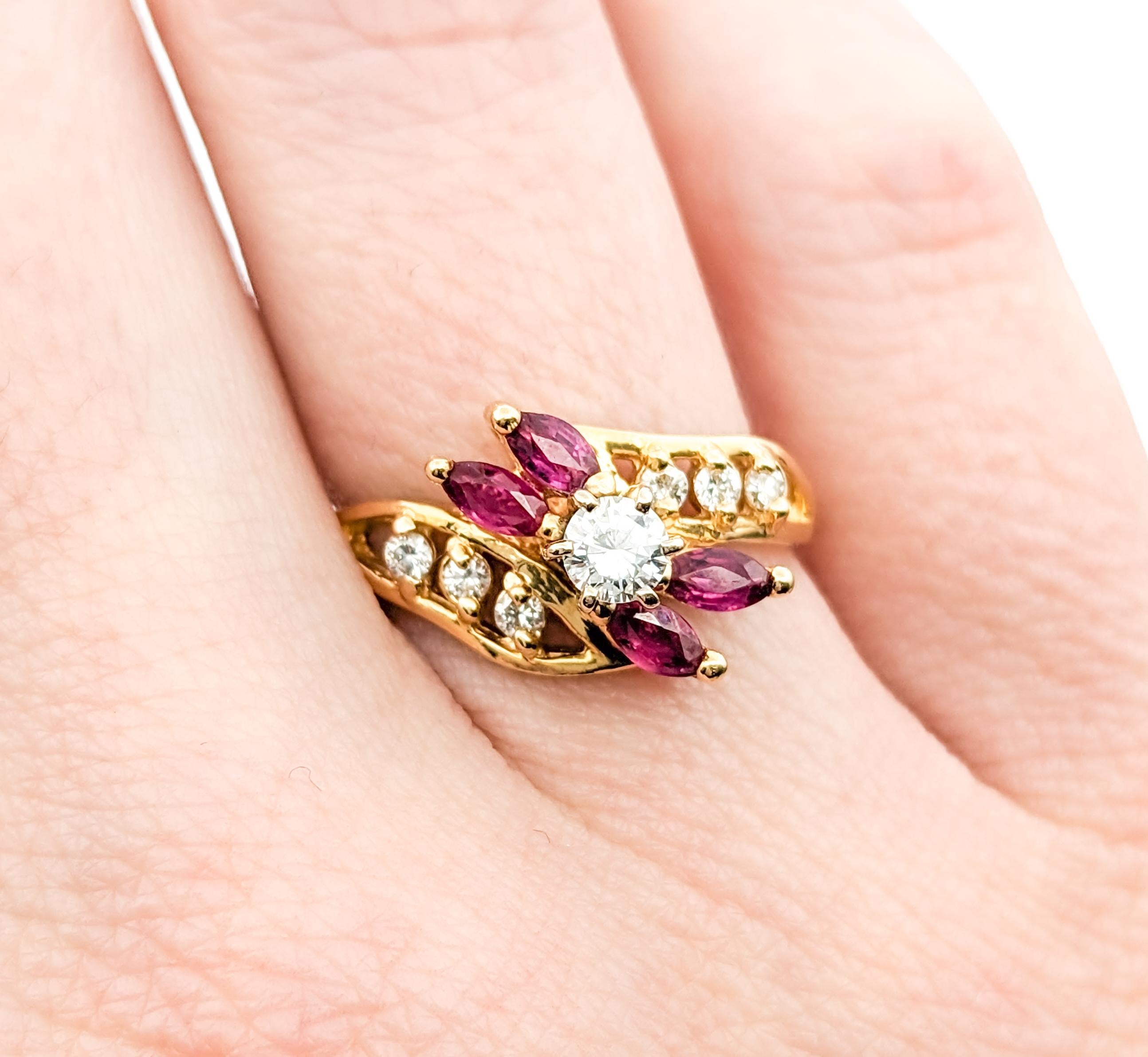 Round Cut .40ctw Rubies & Diamonds Ring In Yellow Gold For Sale