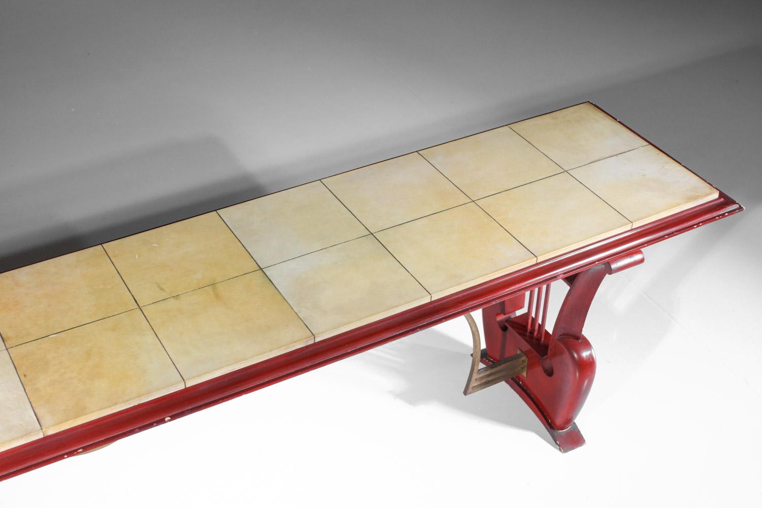 40's 50's coffee table bench in lacquered wood and parchment with harp For Sale 7