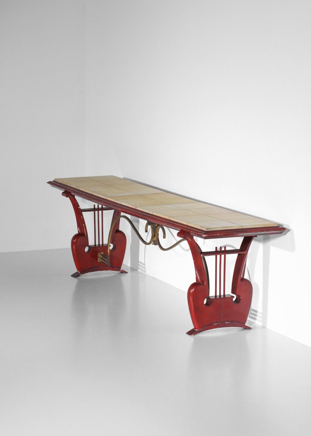 40's 50's coffee table bench in lacquered wood and parchment with harp For Sale 9