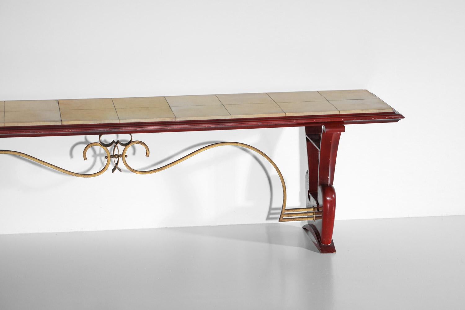 40's 50's coffee table bench in lacquered wood and parchment with harp For Sale 11