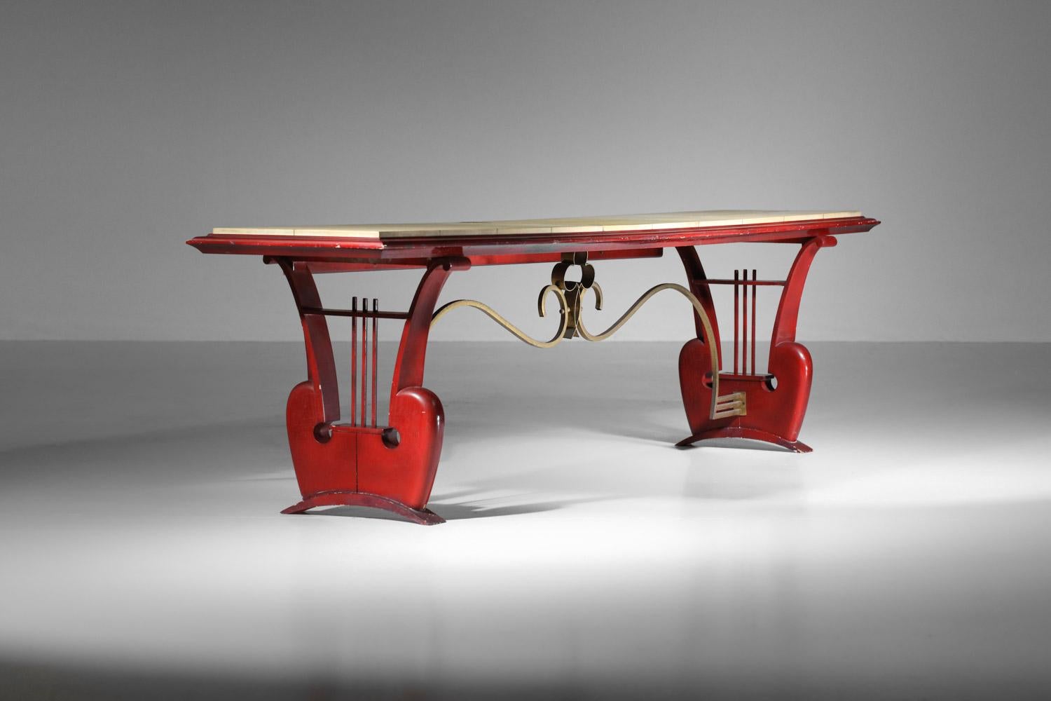 40's 50's coffee table bench in lacquered wood and parchment with harp For Sale 12