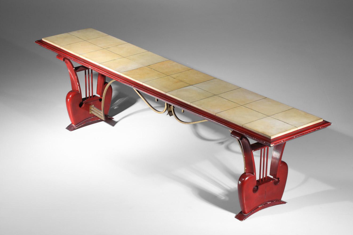 Mid-Century Modern 40's 50's coffee table bench in lacquered wood and parchment with harp For Sale