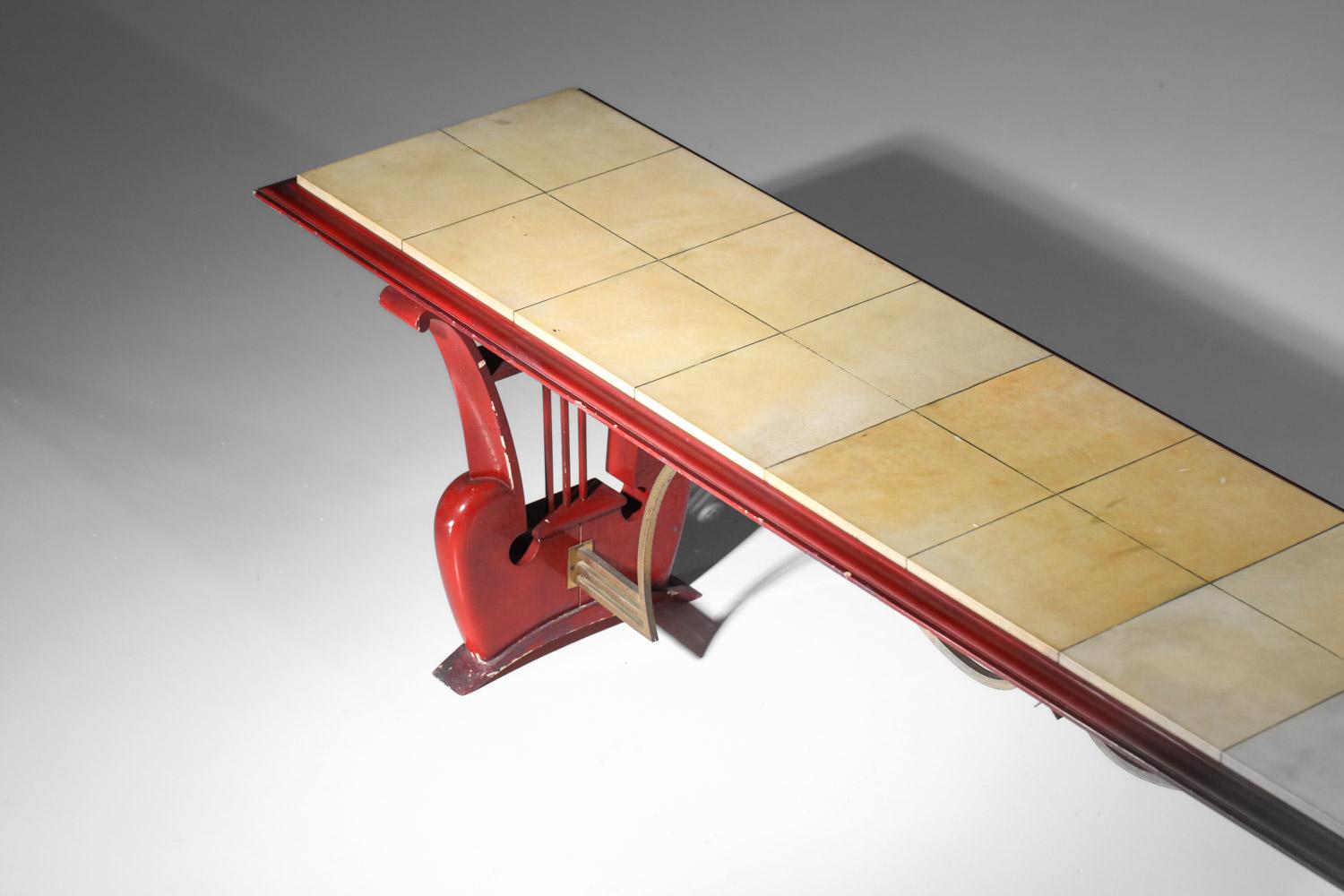 French 40's 50's coffee table bench in lacquered wood and parchment with harp For Sale