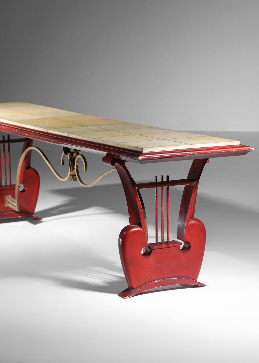 Hand-Crafted 40's 50's coffee table bench in lacquered wood and parchment with harp For Sale