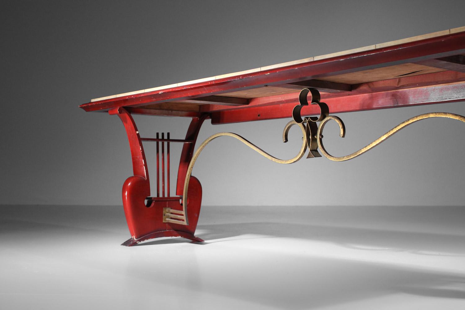 40's 50's coffee table bench in lacquered wood and parchment with harp In Fair Condition For Sale In Ternay, Auvergne-Rhône-Alpes