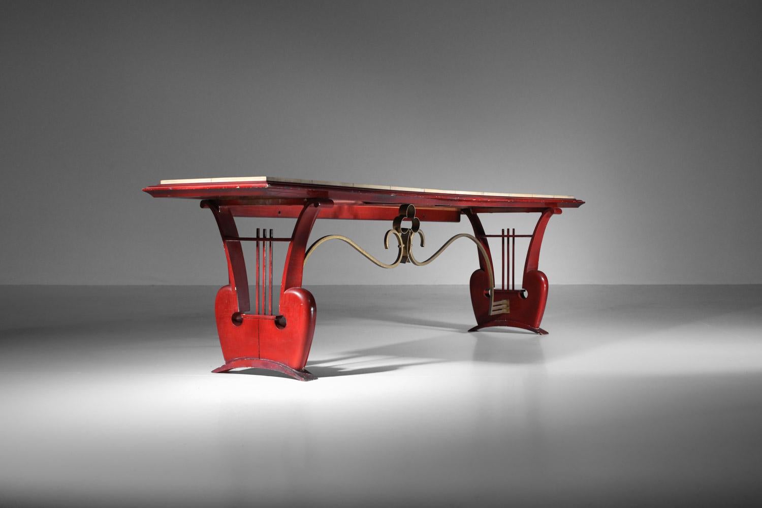 Wood 40's 50's coffee table bench in lacquered wood and parchment with harp For Sale
