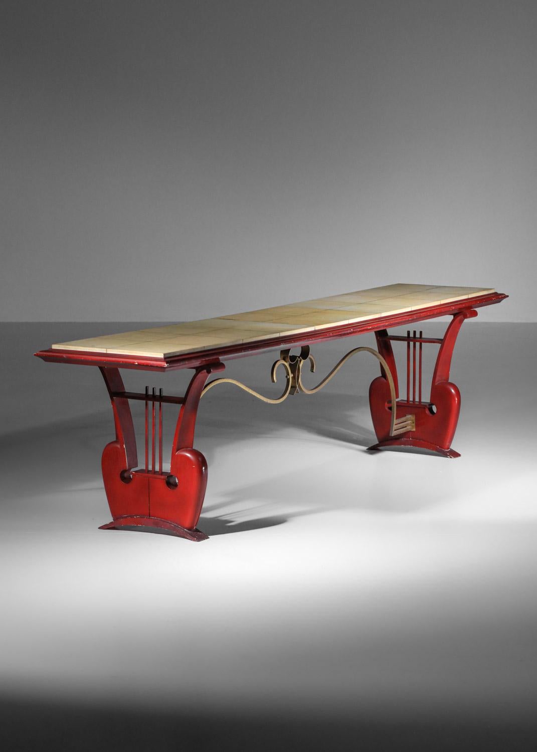 40's 50's coffee table bench in lacquered wood and parchment with harp For Sale 1