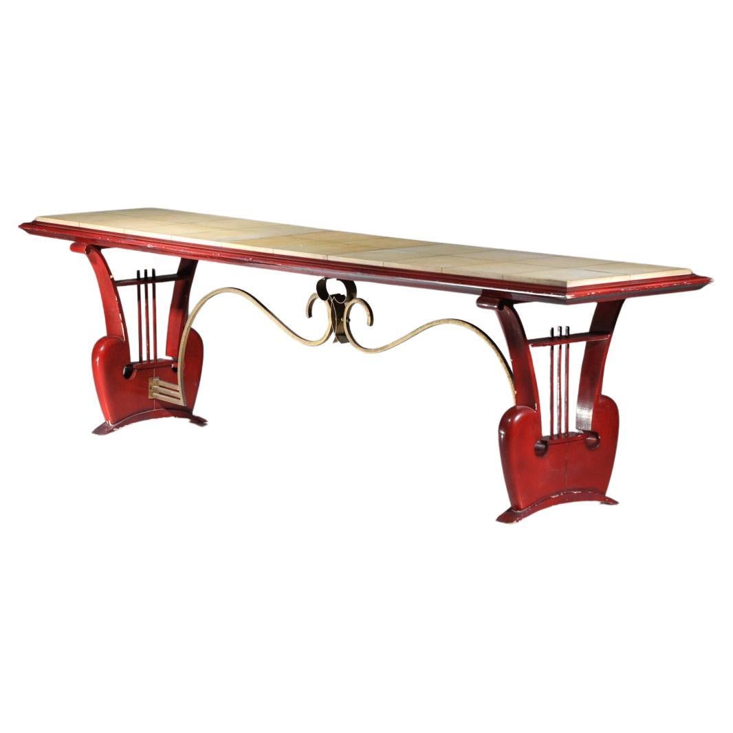 40's 50's coffee table bench in lacquered wood and parchment with harp