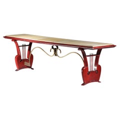 40's 50's coffee table bench in lacquered wood and parchment with harp