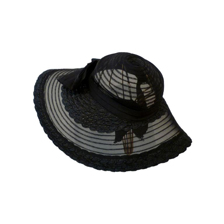 40s Black Straw and Sheer Horsehair braid Sun Hat For Sale