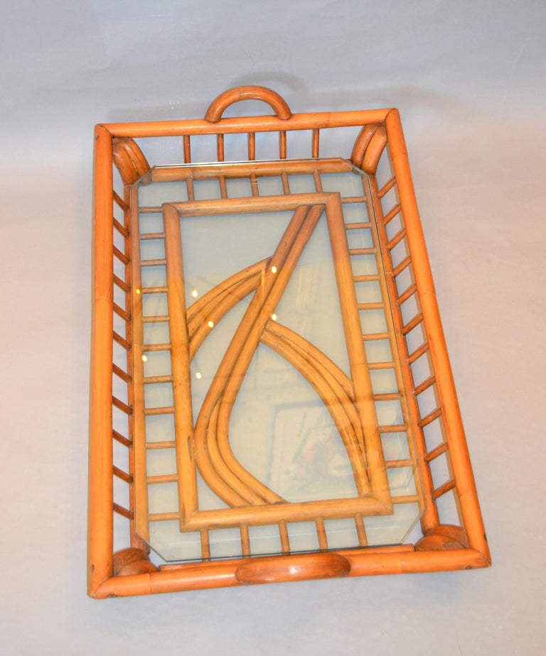 1940s Boho Chic Handcrafted Bamboo Wood and Glass Table Tray, Serving