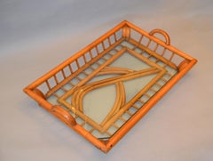 1940s Boho Chic Handcrafted Bamboo Wood & Glass Table Tray Serving Tray Platte