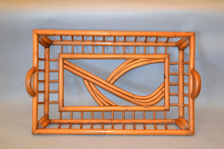 1940s Boho Chic Handcrafted Bamboo Wood and Glass Table Tray, Serving