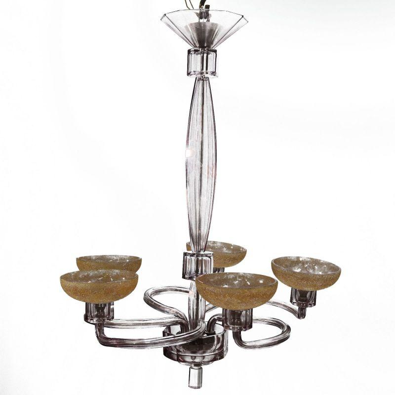 Colored glass chandelier from the 1940s 6 cups in granite glass barrels and mauve translucent glass arms. Dimension height 70 cm for a diameter 35 cm.

Additional information:
Material: Verre & cristal
Style: 1940s to 1960s.