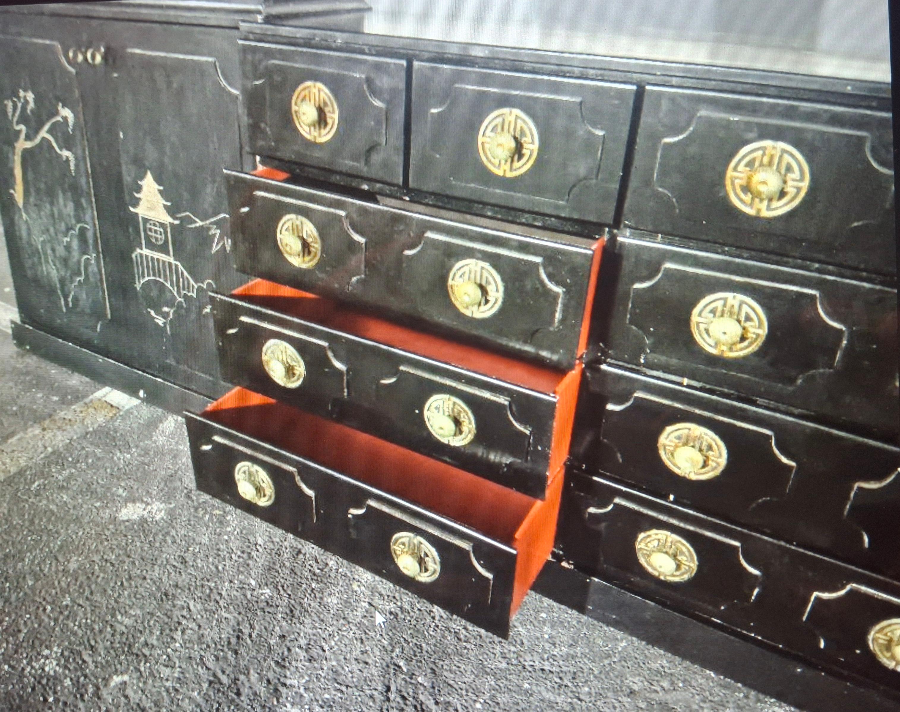 40s Custom Hollywood Regency Draper style Chinoiserie Wall Unit by Billy Baldwin For Sale 6