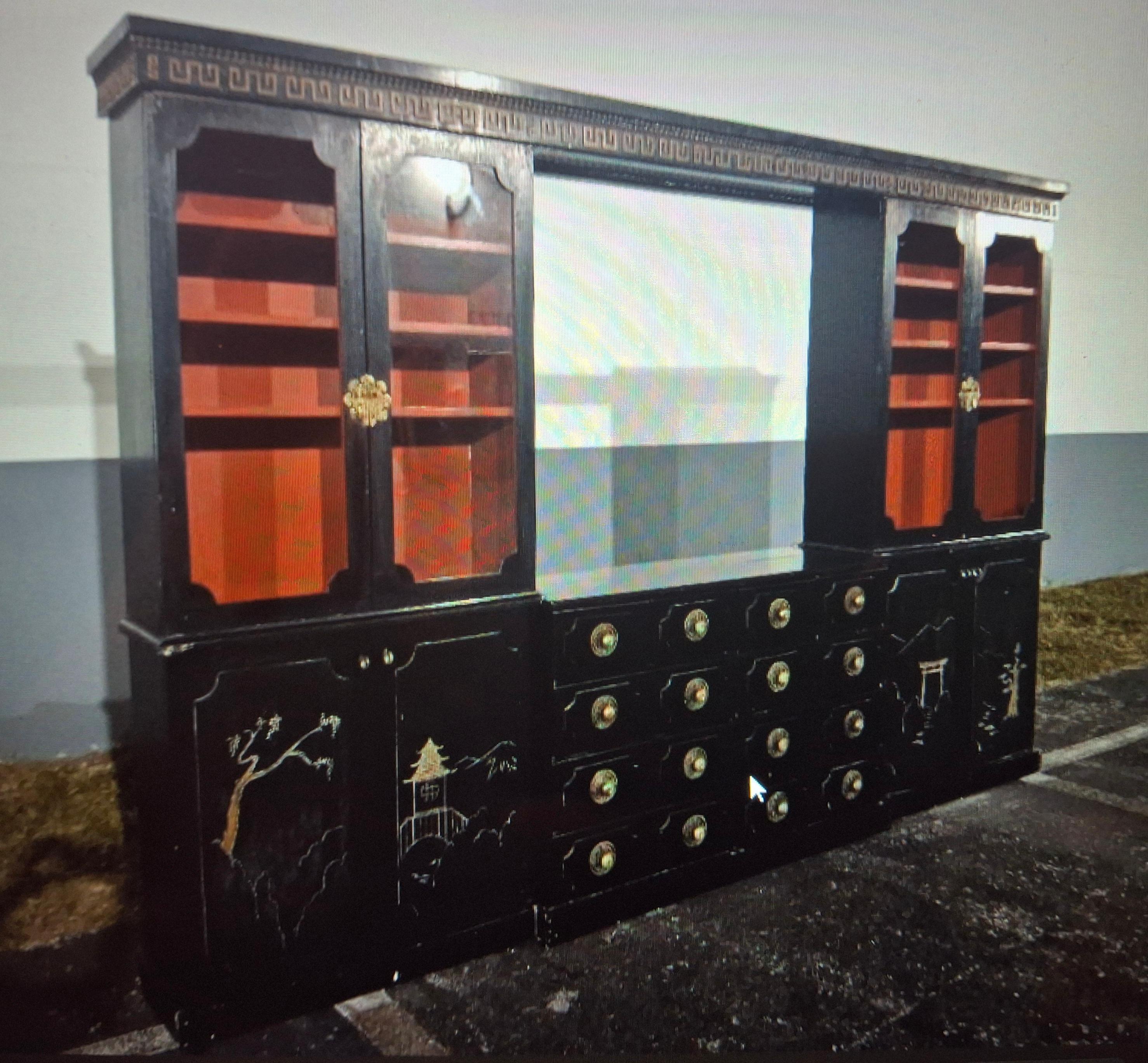 Wood 40s Custom Hollywood Regency Draper style Chinoiserie Wall Unit by Billy Baldwin For Sale