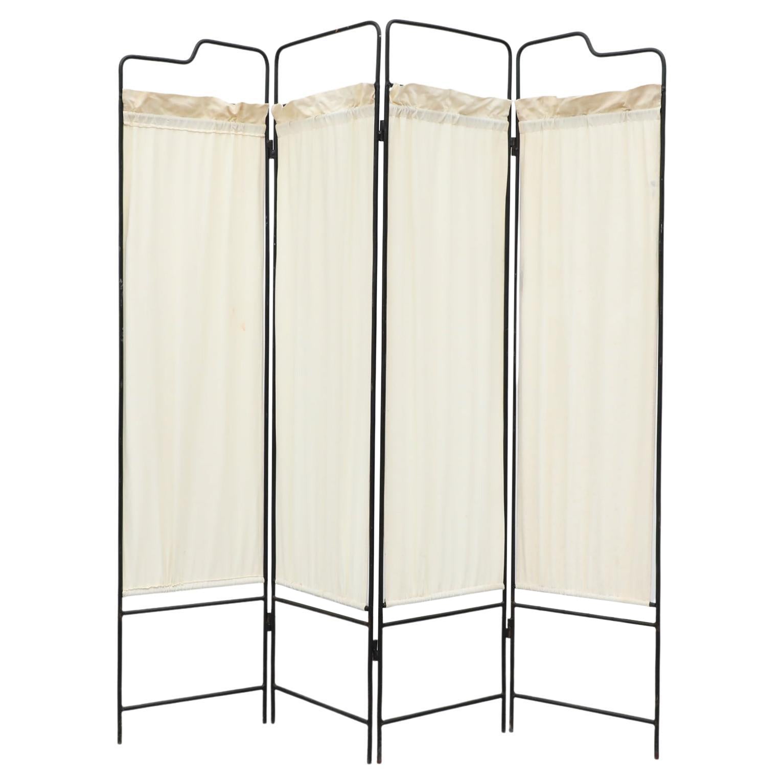 40
s Deco Folding 4 Panel Privacy Screen or Room Divider w/ Inset Cream Fabric