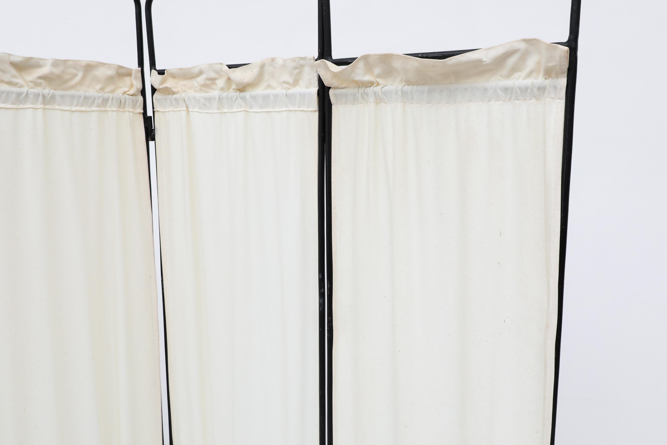 40's Deco Folding 4 Panel Privacy Screen or Room Divider w/ Inset Cream Fabric 8